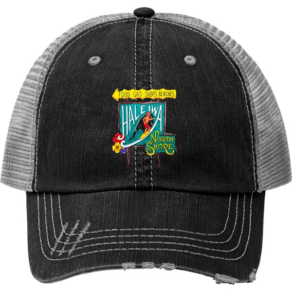 Haleiwa North Shore Sign Man Drawing - Haleiwa North Shore Sign Man Drawing - Print Trucker Hats-image