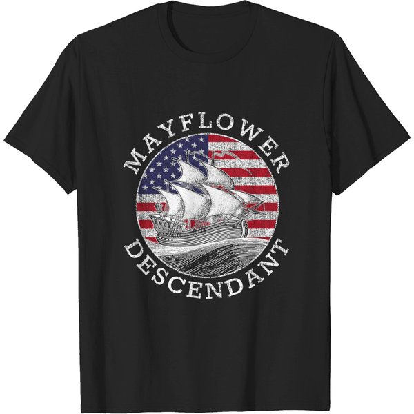 Mayflower Descendant Usa Flag Distressed T-Shirts-image