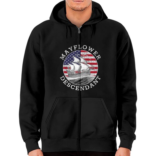 Mayflower Descendant Usa Flag Distressed Zip Hoodies-image
