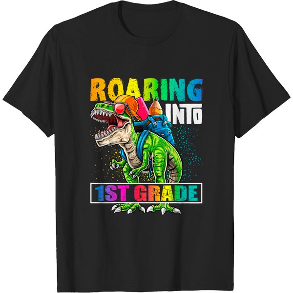 Roaring Into 1St Grade Dinosaur Backpack Back To School Boys T-Shirt-image