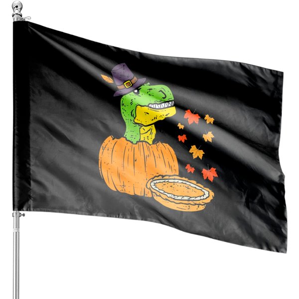 Pilgrim Trex Dinosaur Pumpkin Pie Thanksgiving House Flags-image