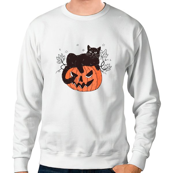 Black Cat On Pumpkin Sweatshirt, Sweater For Fall, Black Cat Sweater-image