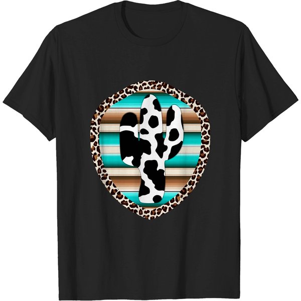 Serape Cow Print Cactus Leopard Print Turquoise Brown T-Shirt-image