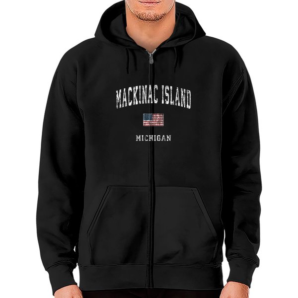 Mackinac Island Michigan Mi Vintage American Flag Zip Hoodies-image