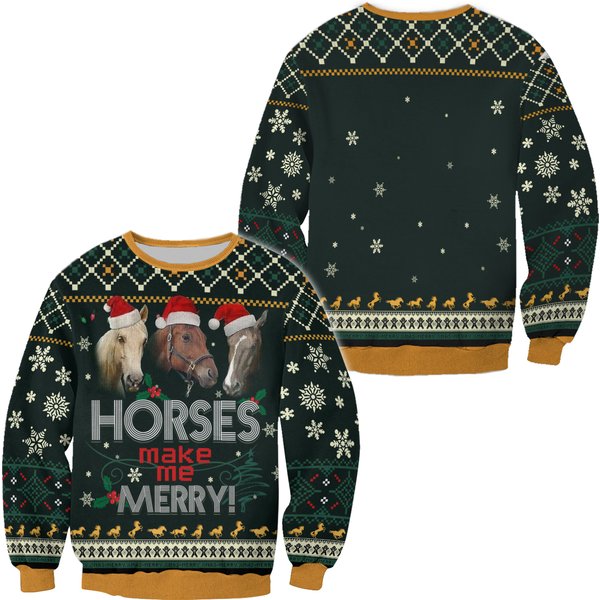 3D Horse Make Me Merry Ugly Christmas Sweater-image