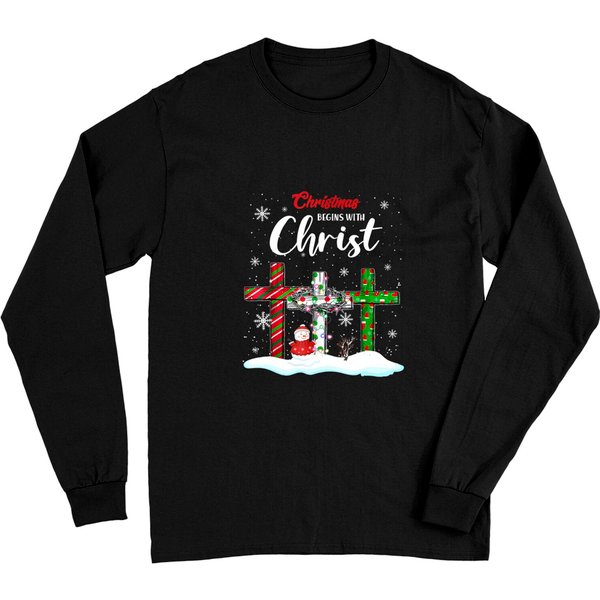Christmas Begins With Christ Snowman Christian Cross Xmas Pullover Long Sleeves-image