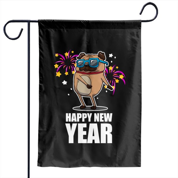 Happy New Year Pug Garden Flags