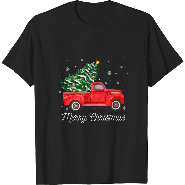 Vintage Red Truck With Merry Christmas Tree T-Shirts-image