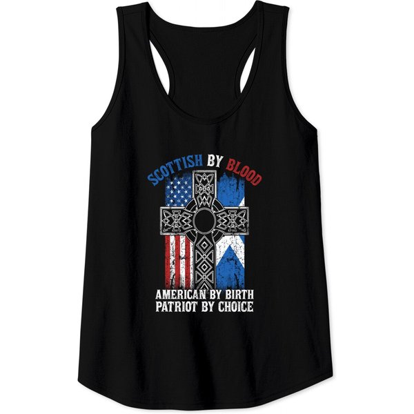 Scottish By Blood American By Birth Cross Flag Tank Tops-image