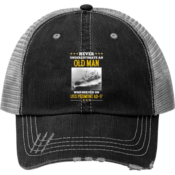 Proud Vintage Military Veteran Gift - Never Underestimate An Old Man Who Served On Uss Piedmont Ad-17 - Never Underestimate An Old Man - Trucker Hats-image