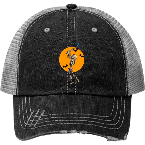 Golfing Skeleton Halloween Golf Trucker Hats-image