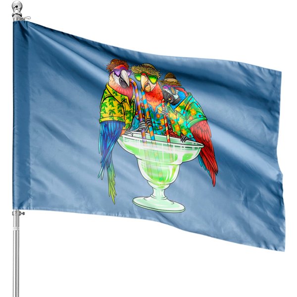 Parrots Drinking Margarita Hawaiian House Flags Vacation Birds House Flags-image