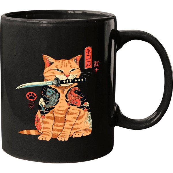 Japanese Samurai Ninja Cat Kawaii Tattoo Graphic Mugs-image