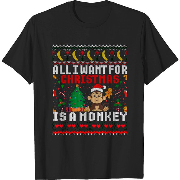 Ugly Sweater I Want For Christmas Is A Monkey Men Women Gift T-Shirt-image