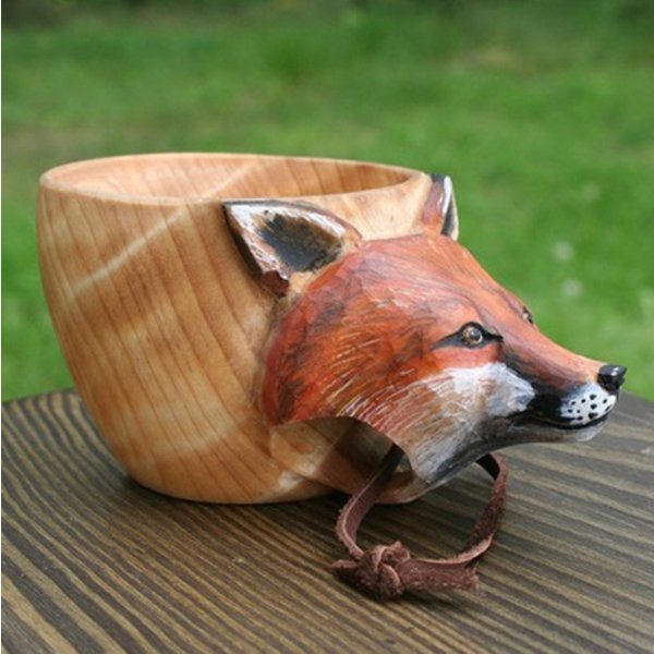 Hand Carved Wooden Mug, Animals Head Image For Travelers, Outdoor Camping