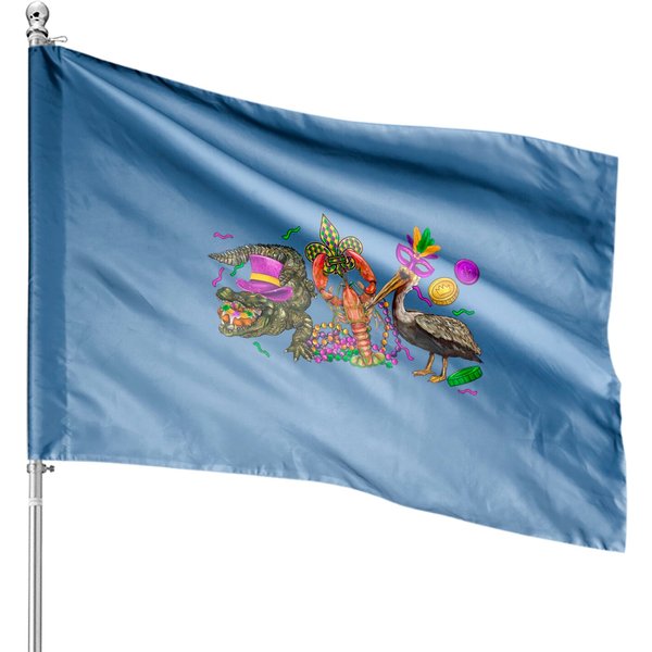 Mardi Gras Alligator Pelican Crawfish , Nola House Flags, Fat Tuesday House Flags,-image