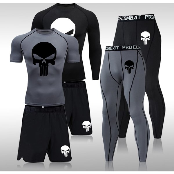 Skull Pattern Men's Sportswear Suits Gym Tights Sets-image