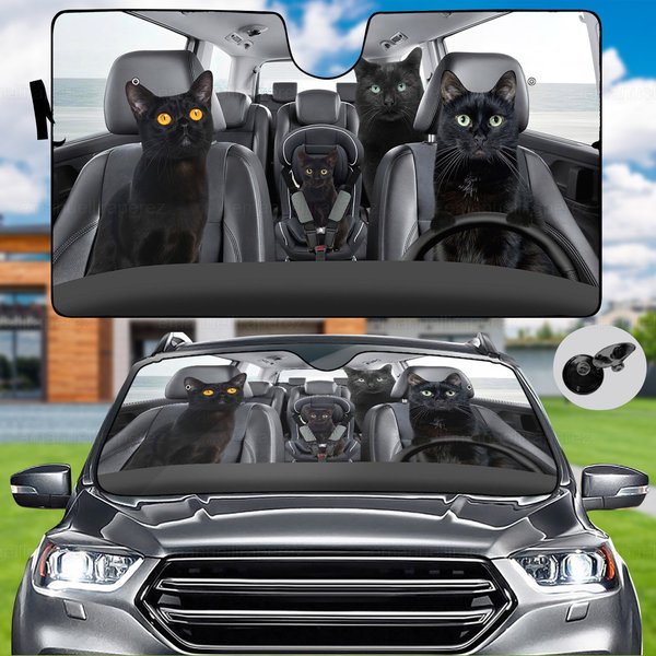 Bombay Cat Car Sun Shade, Black Cat Funny Sunshade, Windshield Sunscreen-image