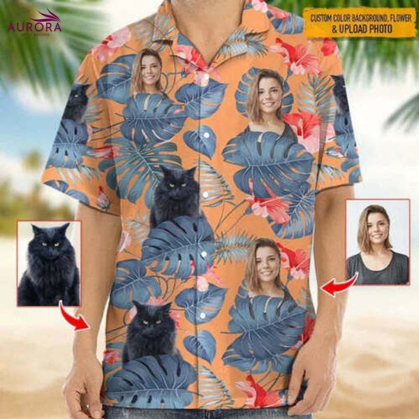 Custom Cat And Face Photo Hawaiian Shirt, Custom Hawaiian Shirt-image