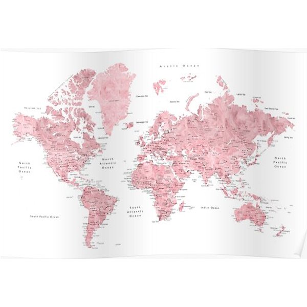 Light Pink And Muted Pink World Map With Cities Premium Matte Vertical Poster-image