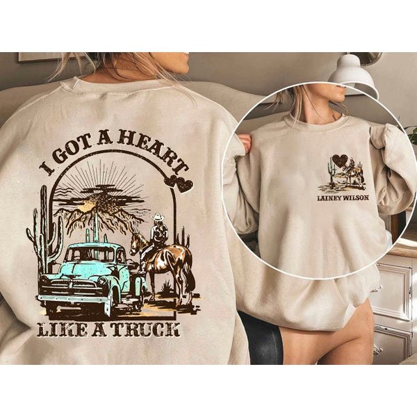 Lainey Wilson Heart Like A Truck Cowboy Sweatshirt 2 Side, Country Music Shirt, Western Sunset Cowgirl Sweatshirt
