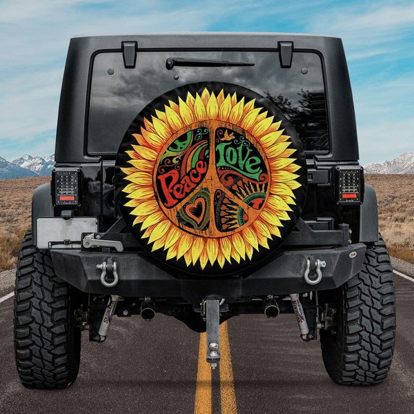 Peace Love Sign, Sunflower Birthday Gift, Gift For Him, American Day Spare Tire Cover-image