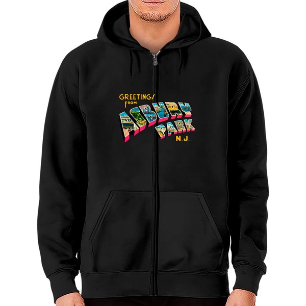 Greetings From Asbury Park New Jersey Zip Hoodies