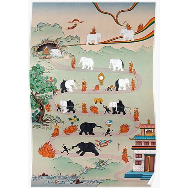 Taming The Elephant Mind Buddhist Thanka Painting Premium Matte Vertical Poster-image