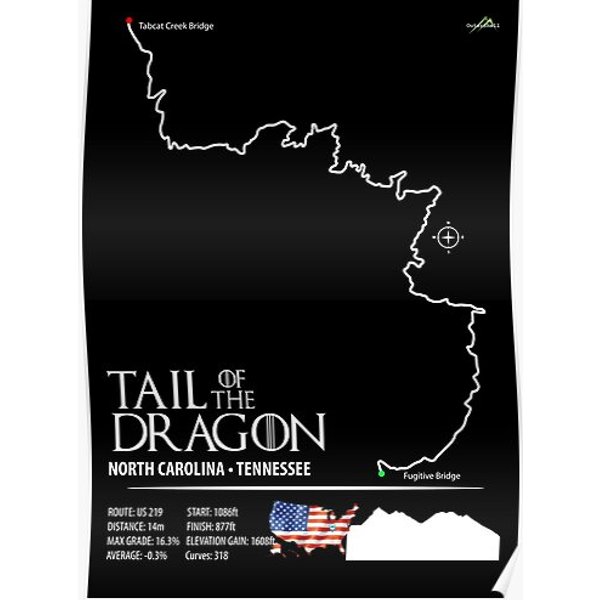 Tail Of The Dragon Road Us 129 Motorcycle Sports Car Trail Map Art Print Premium Matte Vertical Poster-image