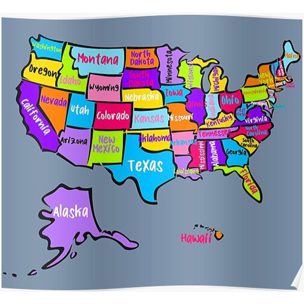 Us Map With States Names, Bright Color United States Map, Usa Premium Matte Vertical Poster