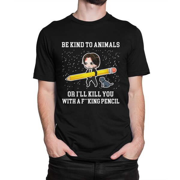 Keanu Reeves With Pencil Funny T-Shirt, Be Kind To Animals Or I'll Kill You Shirt-image