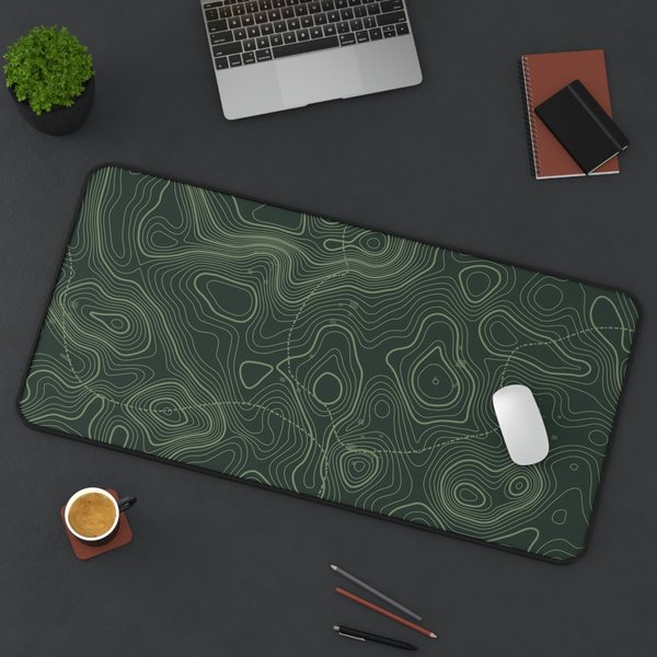Dark Green, Light Green Colored Minimalist Topographic Animation Gaming Desk Mat