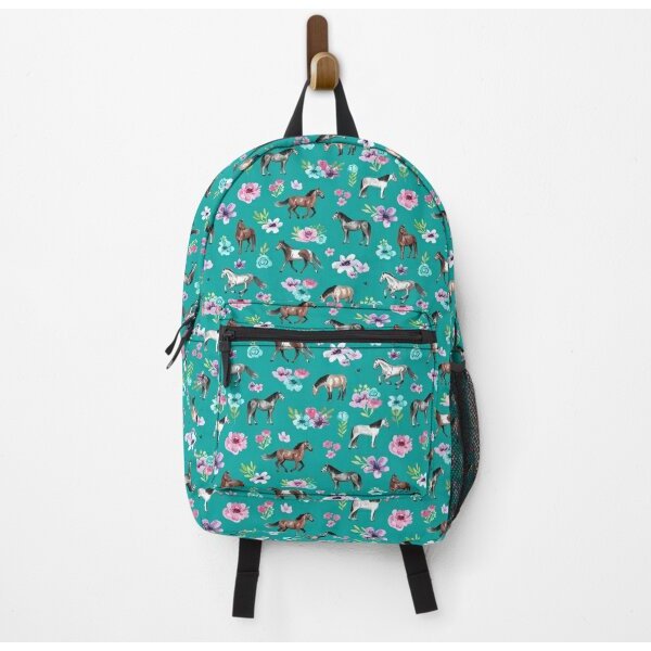 Horses And Flowers On Teal, Turquoise Horse Print, Horse Art, Cowgirl Backpack-image