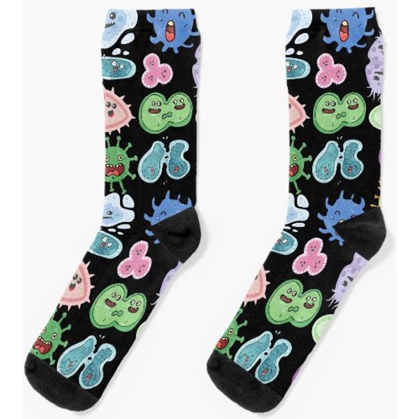 Cute Microbes Bacteria, Virus, Ecoli Microbiology Seamless Pattern Sticker Pack. Socks