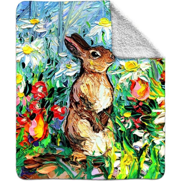 Fleece Sherpa Blanket - Bunny Rabbit In Flower Garden 60X50 Inch Comfy Warm Throw Blanket Home Goods Decor Art By Aja-image