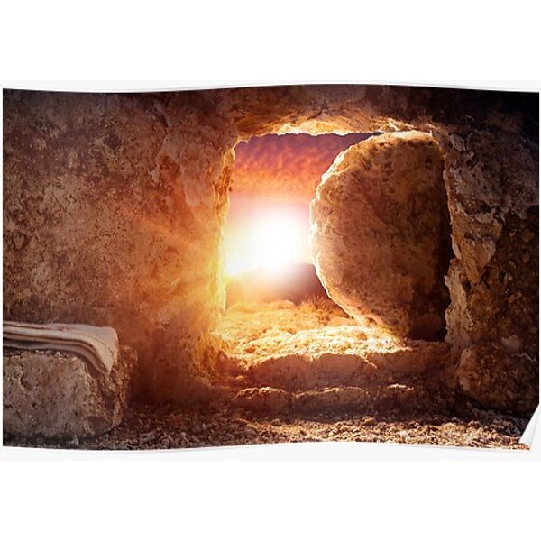 Tomb Empty With Shroud At Sunrise Empty Tomb Of Jesus At Sunrise With Stone Background Premium Matte Vertical Poster-image