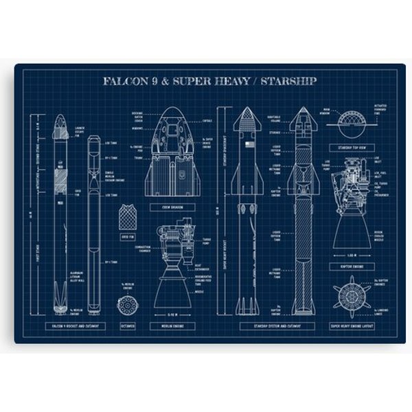 Spacex: Falcon 9 & Super Heavy / Starship (Navy Blueprint) Canvas-image