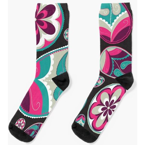 Pink, Teal And Black Paisley Pattern Socks-image