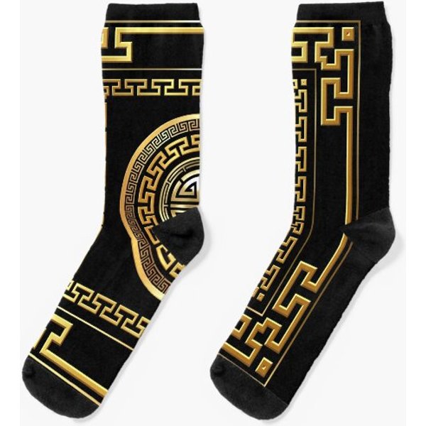 Greek Key Meander Black Gold Large Socks-image