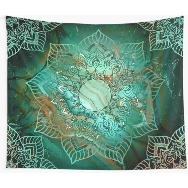 Beautiful Mandala - Teal Turquoise Copper And Silver Tones Tapestry-image