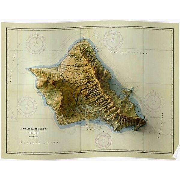 1959 Oahu Relief Map 3D Digitally-Rendered Premium Matte Vertical Poster-image
