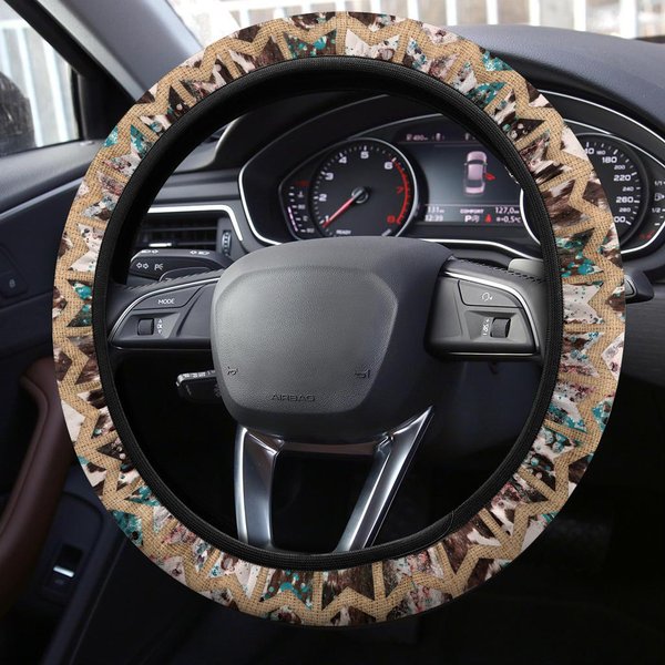 Turquoise & Cowhide Chevron Pattern Steering Wheel Cover-image