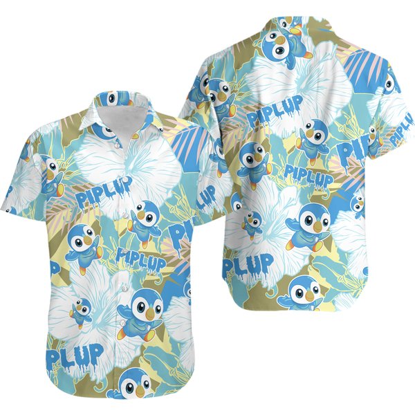 Pkm Piplup Hawaiian Flowers Pattern Shirt, Pkm Birthday Hawaiian Shirt-image