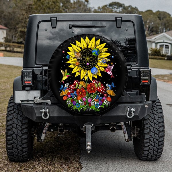 Hippie Sunflower Forest Hummingbird Spare Tire Cover-image