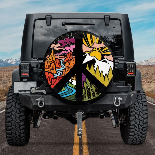 Circle Of Peace Sign, Moutain Camping Hippie Style Spare Tire Cover