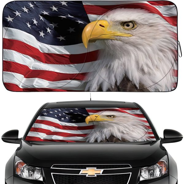 American Flag Car Sunshade, Bald Eagle Car Windshield Sun Shade-image