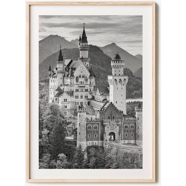 Neuschwanstein Castle Matted Poster Print, Castle Black And White Art-image