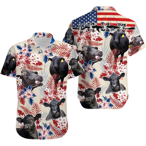Black Angus Cow Tropical Hawaii Shirt, American Flag Cattle Hawaiian Shirt-image