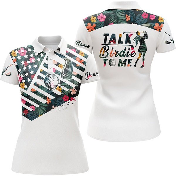 American Flag Patriotic Custom Tropical Flower Talk Birdie To Me Women 3D Polo Shirt-image