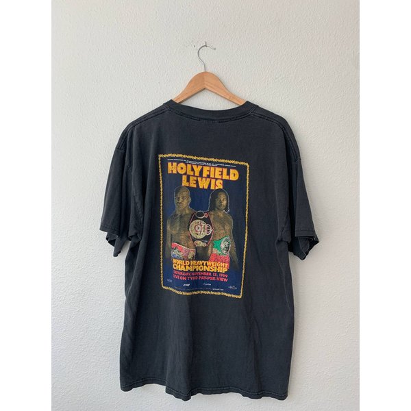 Vintage 90S Black Faded Holyfield Lewis Fight 1999 T-Shirt-image